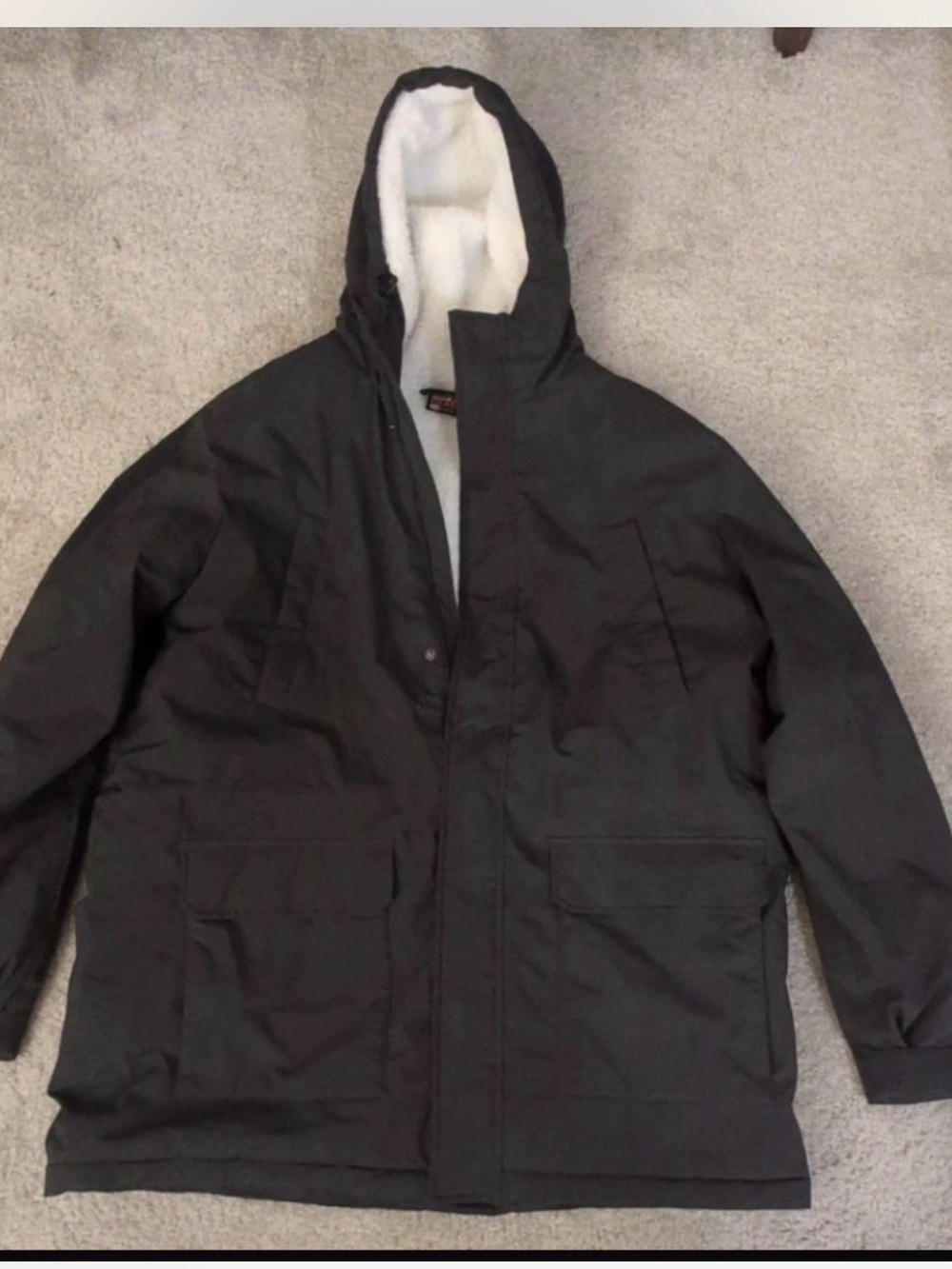 32 Degrees Black Hooded Puffer Coat with White Sherpa Lining
